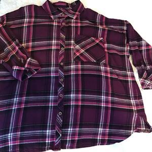 Roamans Purple Plaid Flannel Shirt Size 20 Collar 3/4 Sleeve Pocket Button Up